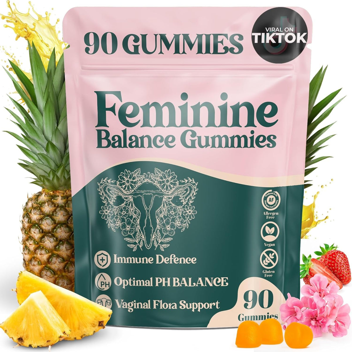 Premium Feminine Balance Gummies - for Women’S Health & Wellness - Immune Support - Vegan, Gluten-Free - Hawaiian Pineapple - 90 Gummies - 45 Servings