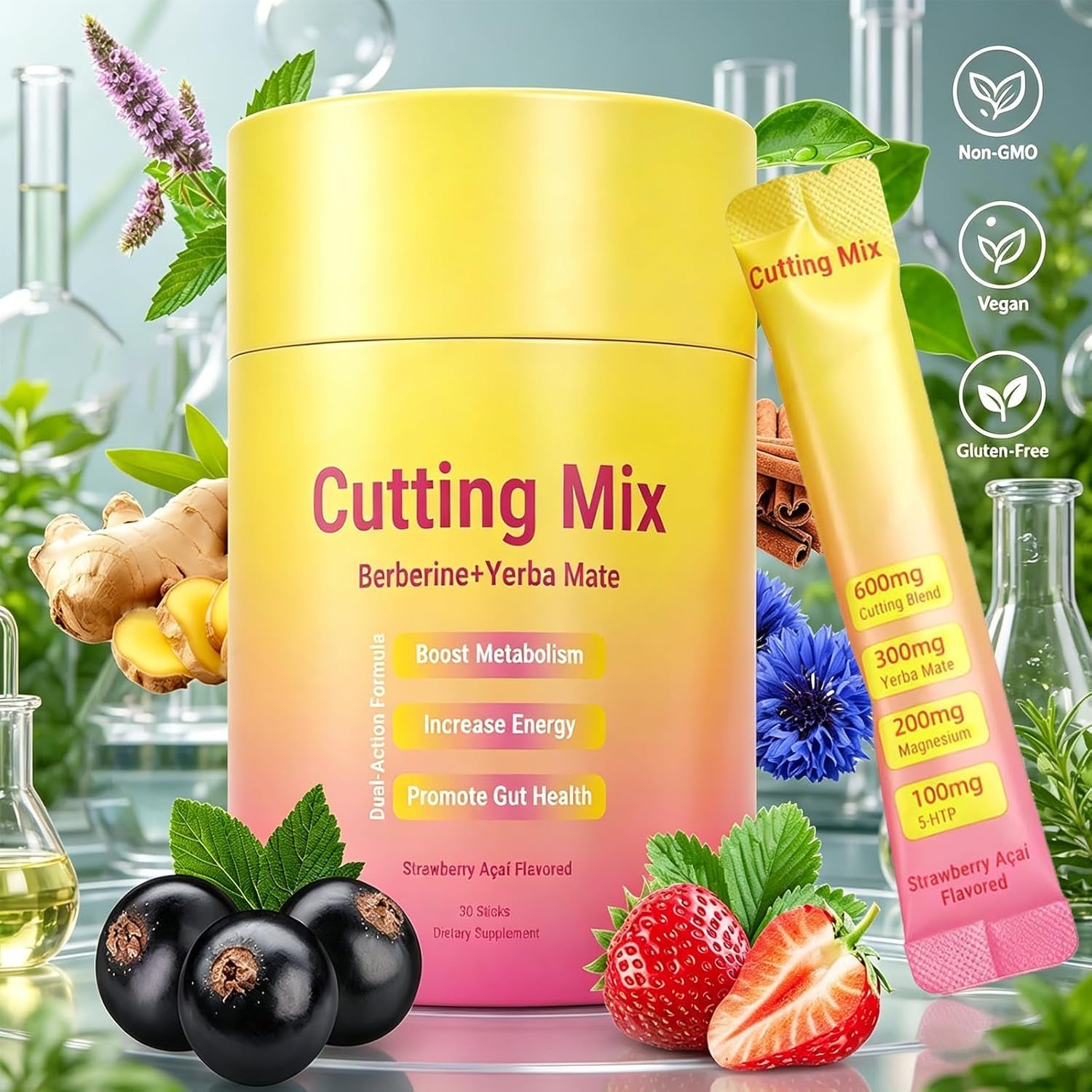 Cutting Drink Mix | Supports Satiety Signaling,Supports Energy & Gut Health with Berberine&Chromium&Fos&Yerba Mate & 5-Htp,Strawberry Açaí – 30 Sticks