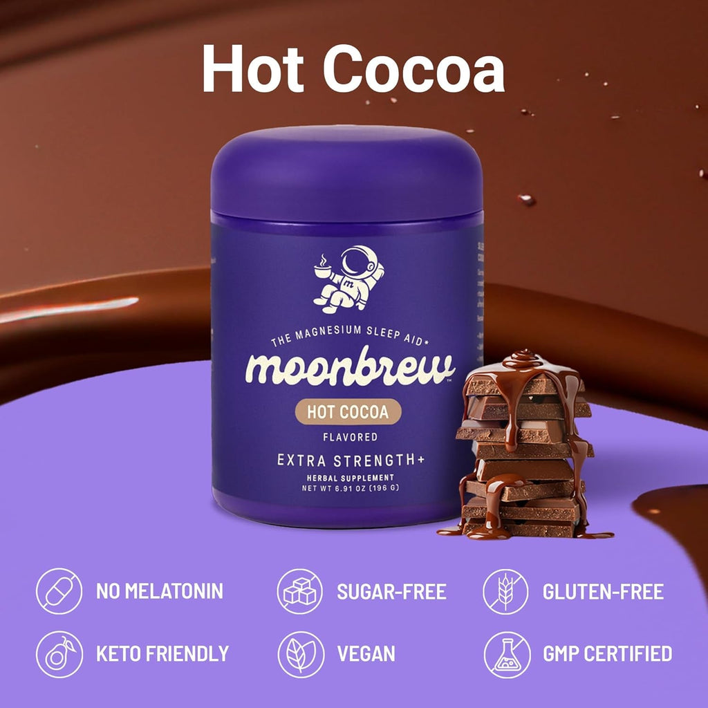 Moonbrew Nighttime Extra Strength Magnesium Hot Cocoa, Natural Sleep Aid Drink Mix for Adults - Calming Melatonin-Free Sleep Support - Hot Chocolate Powder with L-Theanine & Zinc Glycinate