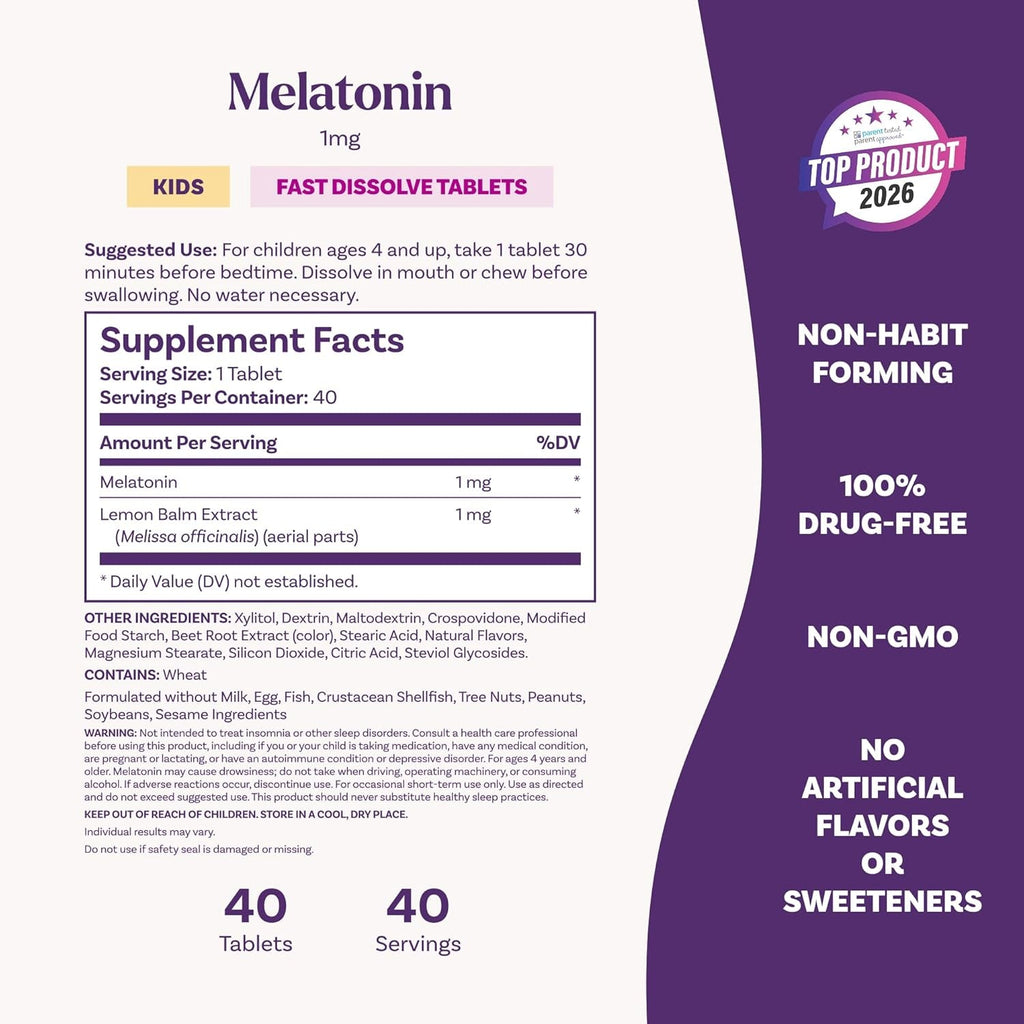Natrol Kids Fast Dissolve Melatonin 1 Mg, Dietary Supplement for Restful Sleep, Sleep Tablets for Kids, 40 Strawberry-Flavored Melatonin Tablets, 40 Day Supply