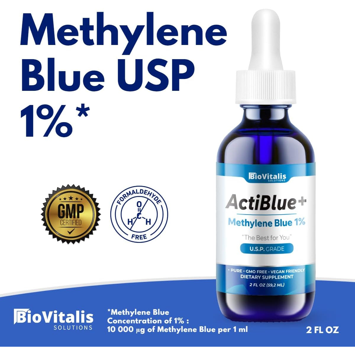 Actiblue+ Methylene Blue 1% : Methylene Blue ISO Certified Third Party Lab Tested 99,9% No Formaldehyde No Alcohol No Gluten&Gmo(2Fl.Oz)