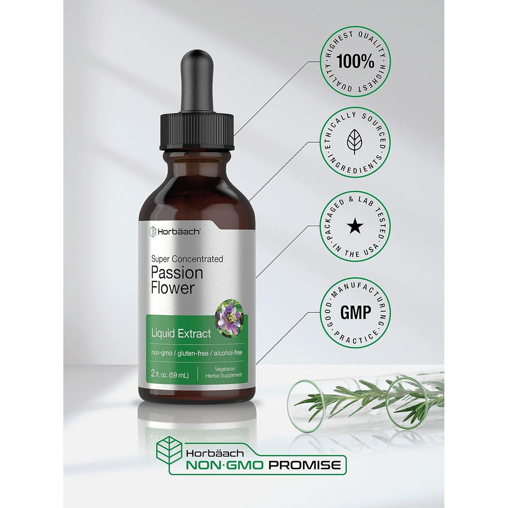 Horbäach Passion Flower Tincture | 2 Fl Oz | Alcohol Free Liquid Extract Drops | Super Concentrated Supplement | Vegetarian, Non-Gmo, Gluten Free