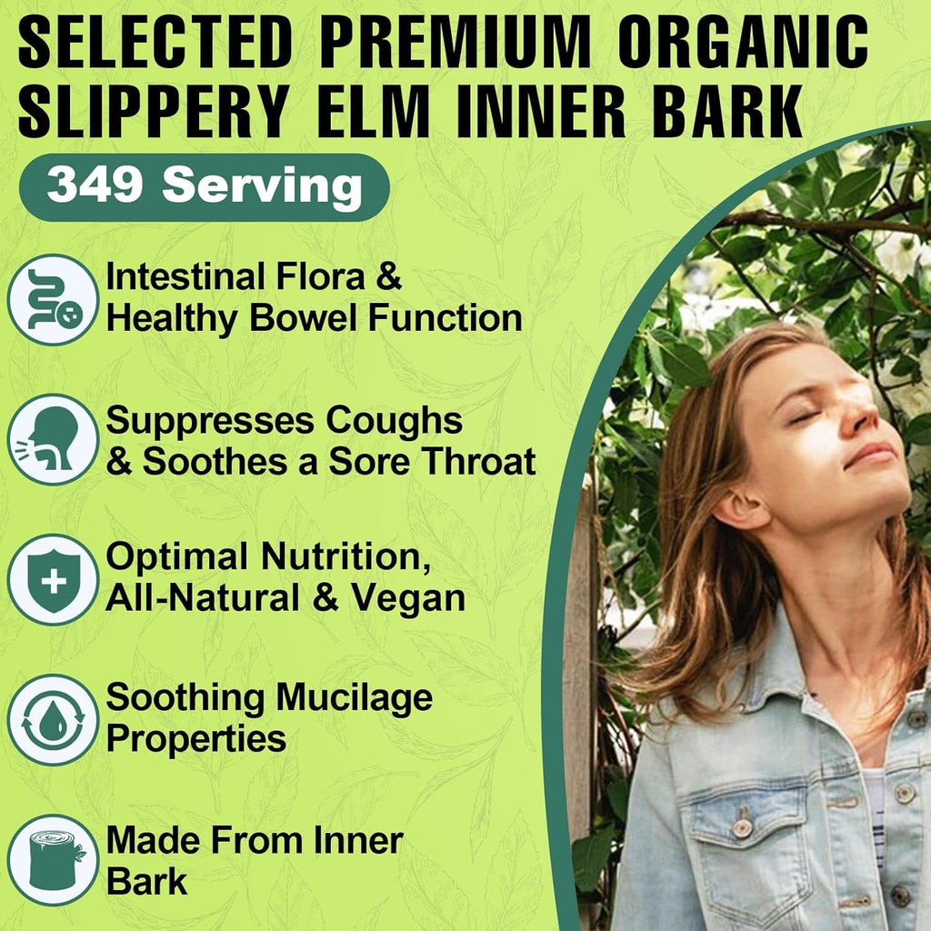 Slippery Elm, Slippery Elm Powder Organic, Elm Bark Made from Inner Bark - 1 Pound (349 Servings), Natural Herbs Helps Soothe the Throat and Coughing & Digestive, Diarrhea - 100% Pure & Vegan