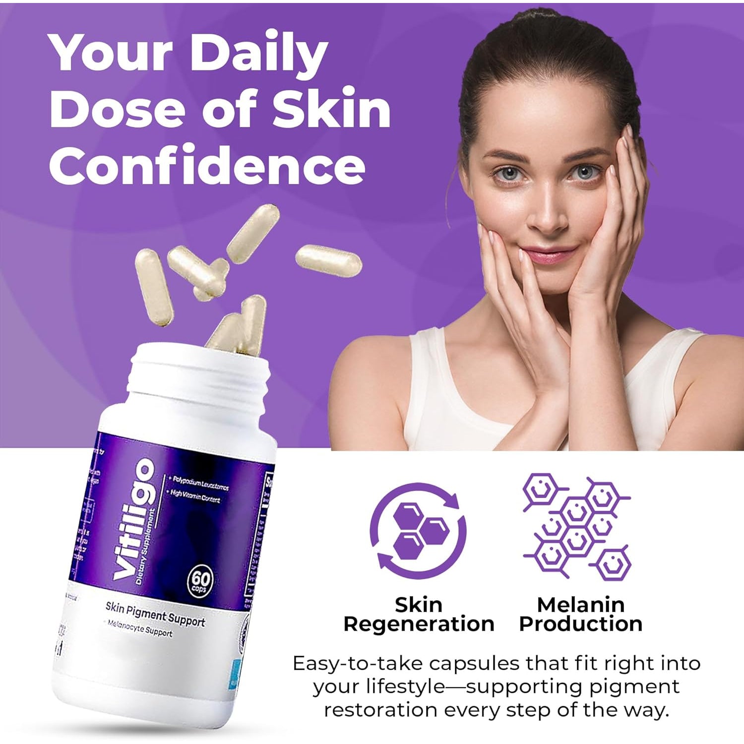 Vitiligo Capsules 60 Count | 1 Month | Improve Skin Pigmentation Support and Reduce White Spots | Effective Vitiligo Supplement | Natural Solution for White Spots on Skin. (1)