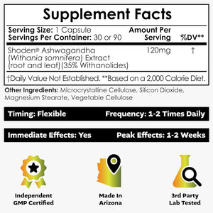 Nootropics Depot Shoden Ashwagandha Extract Capsules | 120Mg | 30 Count | 35% Withanolides