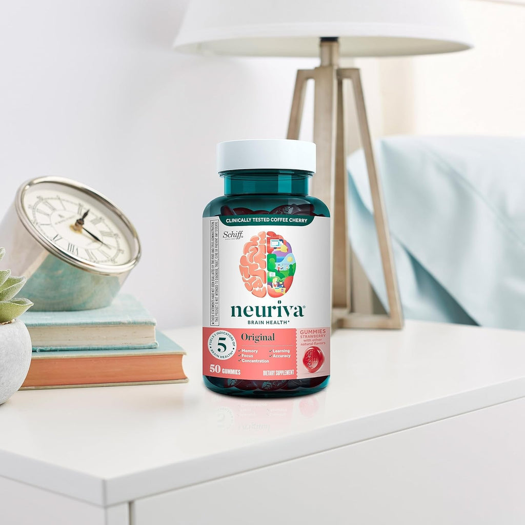 NEURIVA Original Brain Supplements for Memory and Focus, Clinically Tested Nootropics Phosphatidylserine and Neurofactor, Caffeine Free, 50Ct Strawberry Gummies