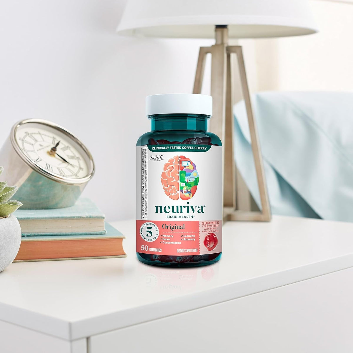 NEURIVA Original Brain Supplements for Memory and Focus, Clinically Tested Nootropics Phosphatidylserine and Neurofactor, Caffeine Free, 50Ct Strawberry Gummies