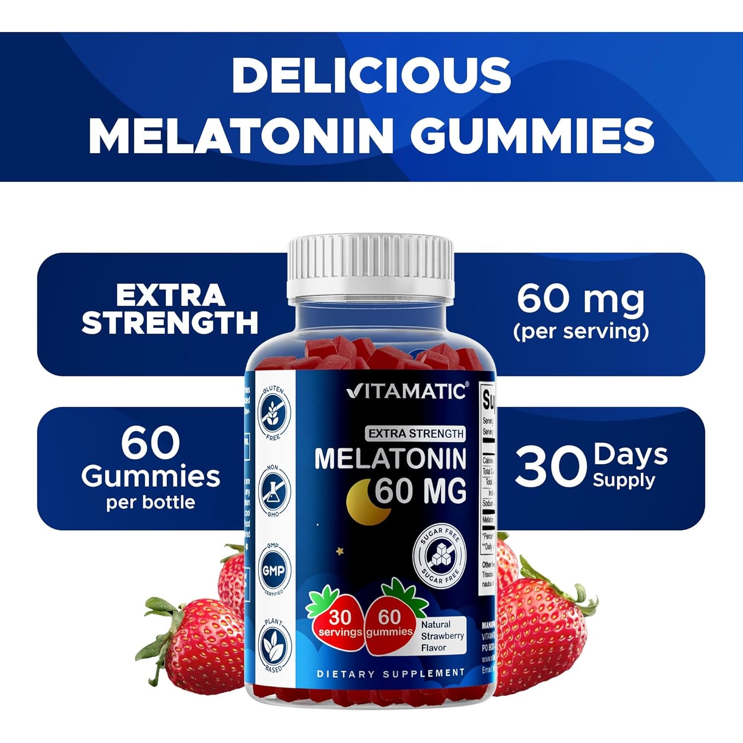 Vitamatic Sugar Free Melatonin 60 Mg - 60 Vegetarian Gummies - Non-Habit Forming Supplement