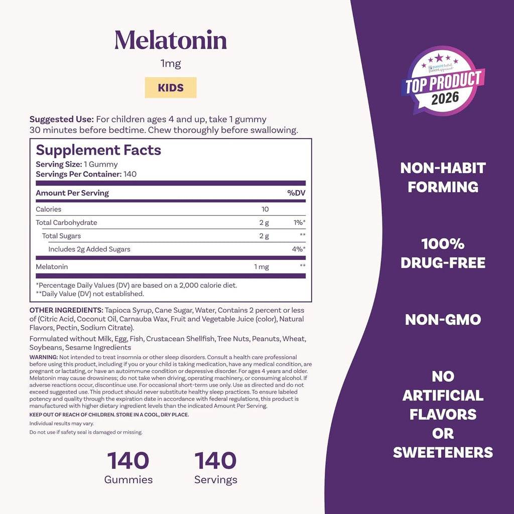 Natrol Kids Melatonin Gummies 1Mg, Children'S Melatonin for Restful Sleep, 140 Raspberry-Flavored Sleep Gummies, 140 Day Supply