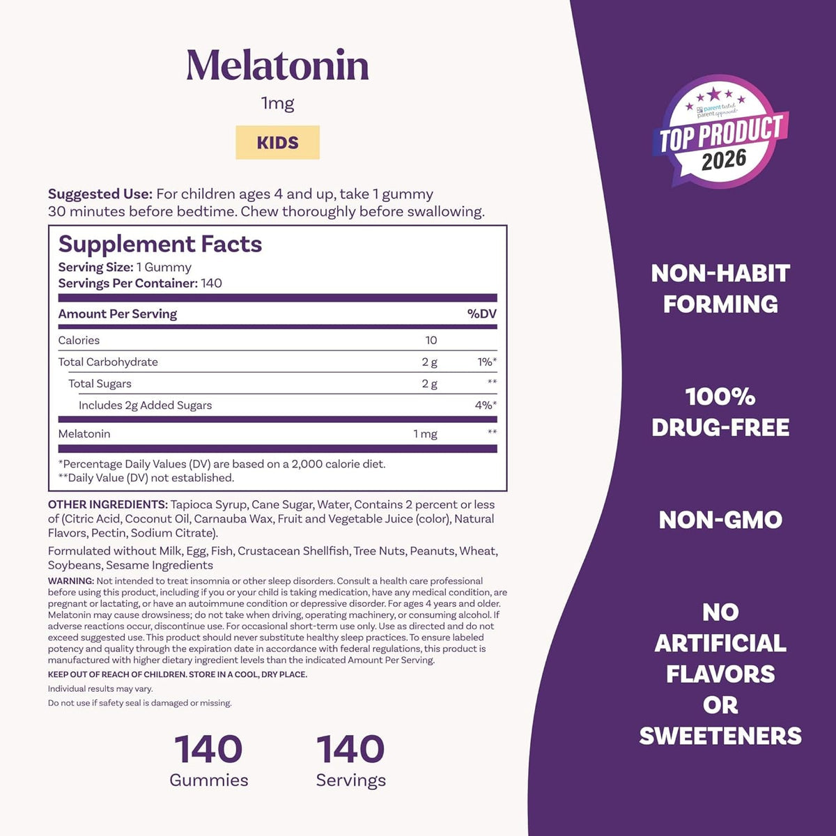 Natrol Kids Melatonin Gummies 1Mg, Children'S Melatonin for Restful Sleep, 140 Raspberry-Flavored Sleep Gummies, 140 Day Supply