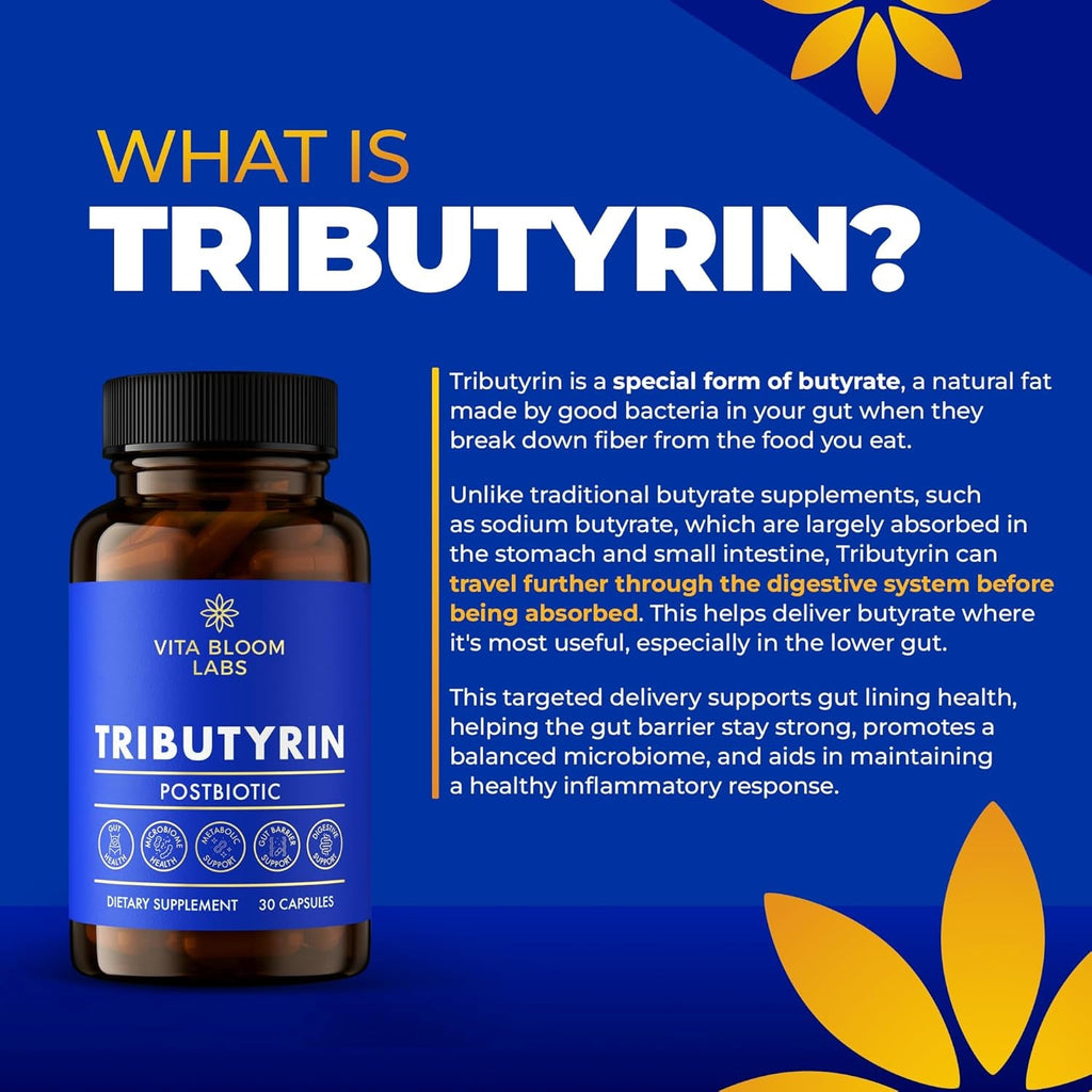Tributyrin Supplement - Better Delivery & More Effective than Sodium Butyrate - Gut Health & Digestive Support - 3-In-1 Butyrate Postbiotics for Leaky Gut & Gut Barrier Support - 30 Capsules