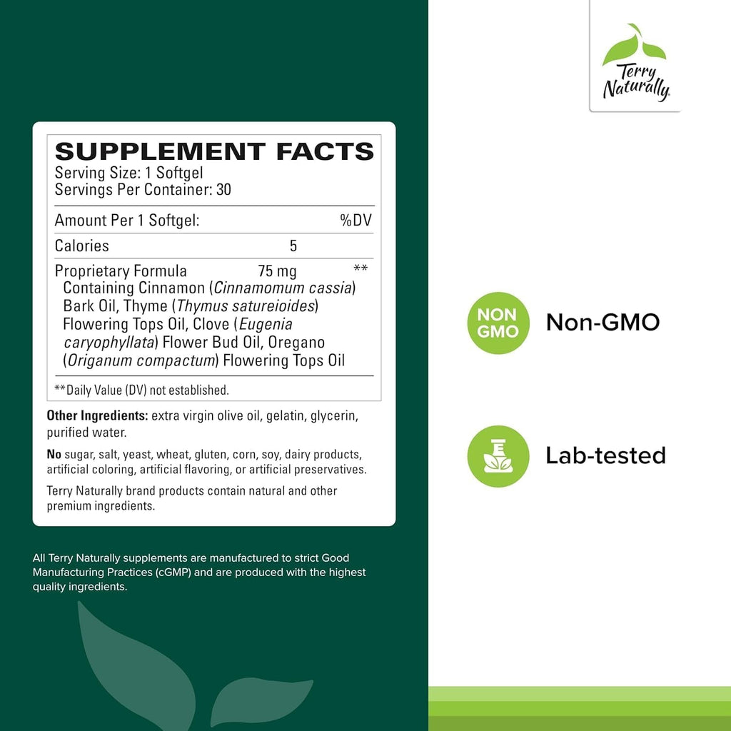 Terry Naturally Bacteril - Intestinal Support Supplement with Clove, Cinnamon, Thyme & Oregano - Immune Support Supplement with Antioxidant Support - Intestinal Support - 30 Softgels
