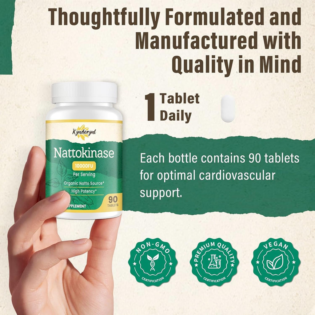 Nattokinase Supplement 10000FU – Organic Natto Enzyme 500Mg for Circulatory Wellness, Enteric-Coated Tablets Aiding Digestion & Assisting Absorption, Vegan, 90 Tablets (90-Day Supply)