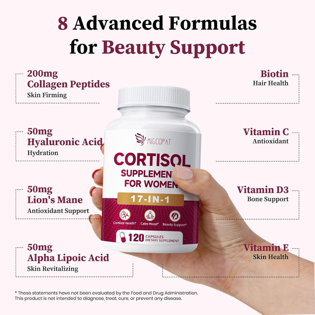 Migcopat 17-In-1 Cortisol Supplements for Women, 8322Mg with Collagen, Magnesium Glycinate, Ashwagandha, L-Theanine for Relaxation, Stress and Sleep Support, Cortisol Reducer for Women- 120 Capsules