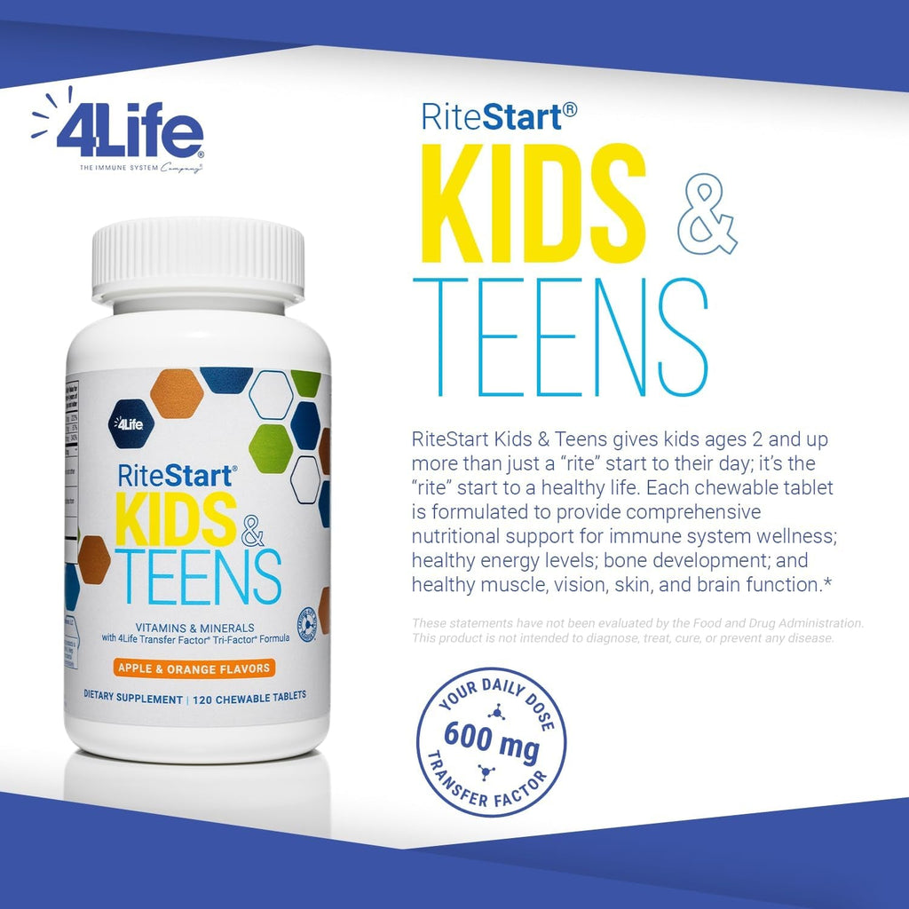 4Life Ritestart Kids and Teens- Apple, Orange Flavors, 22 Essential Vitamins, Minerals, Immune System and Brain Support Ages 2+ - 120 Chewable Tablets