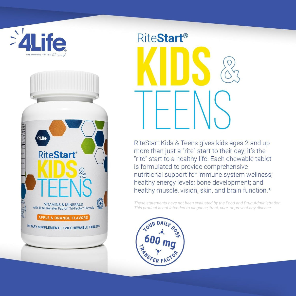 4Life Ritestart Kids and Teens- Apple, Orange Flavors, 22 Essential Vitamins, Minerals, Immune System and Brain Support Ages 2+ - 120 Chewable Tablets