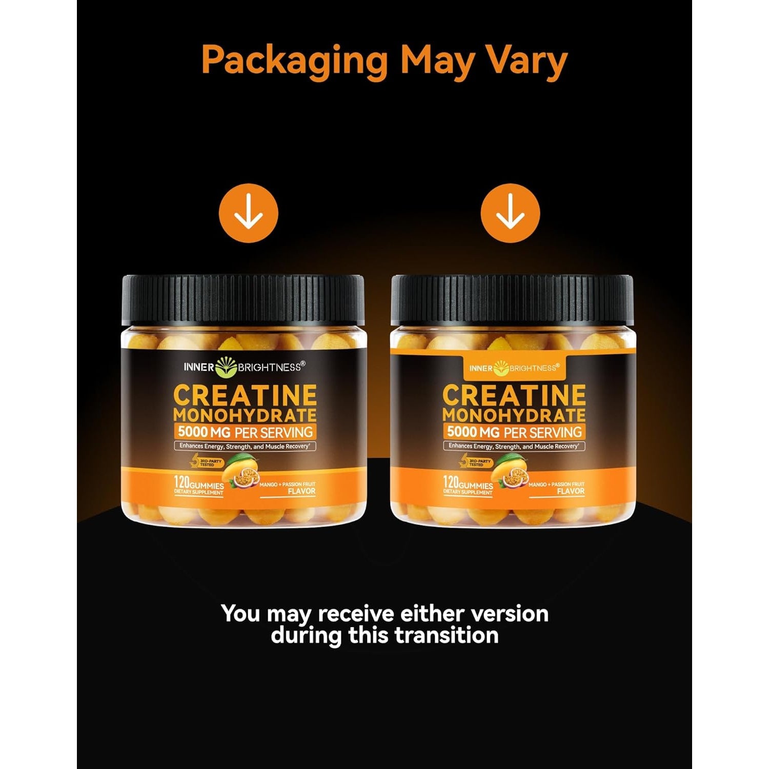 Inner Brightness Creatine Monohydrate Gummies for Men & Women 5000 Mg, 3Rd Party Tested, Creatine Chews for Muscle Growth, Strength & Energy Support, Sugar Free, Vegan, 120 Count, Mango Passionfruit