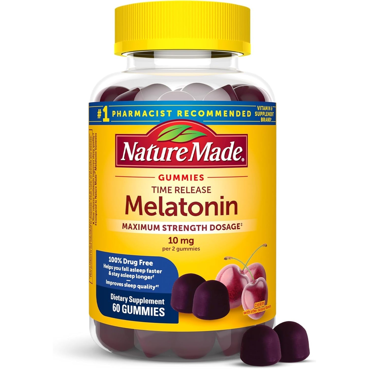 Nature Made Time Release Melatonin Gummies 10Mg per Serving, Maximum Strength Dosage Sleep Aid for Adults, 100% Drug Free, 60 Gummies, 30 Day Supply
