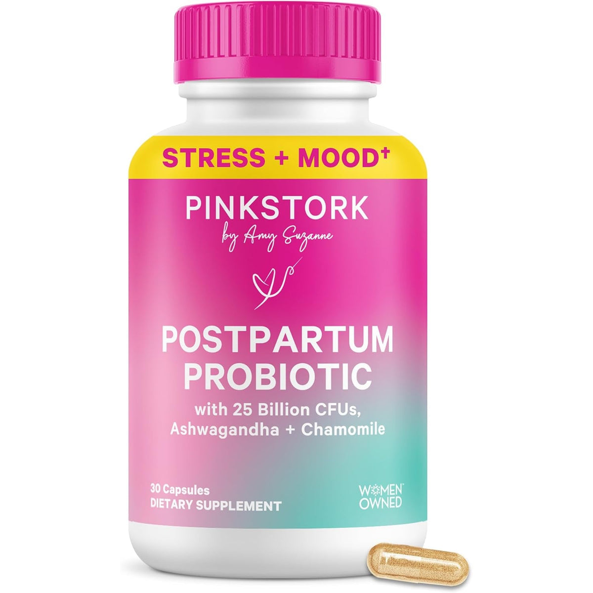 Pink Stork Probiotics for Postnatal Women - 30 Billion CFUS with Ashwagandha and Chamomile, Postpartum Essentials for Hormone Balance, Mood Support, Gut Health, Digestive Wellness, 30 Capsules