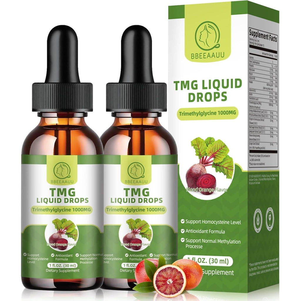 TMG Supplements 1000MG - Trimethylglycine Liquid Drops, Betaine High Absorption, Supports Methylation, Liver Wellness & Cognitive, Non-Gmo, Vegan, Blood Orange Flavor, 1 Fl.Oz (2 Pack)