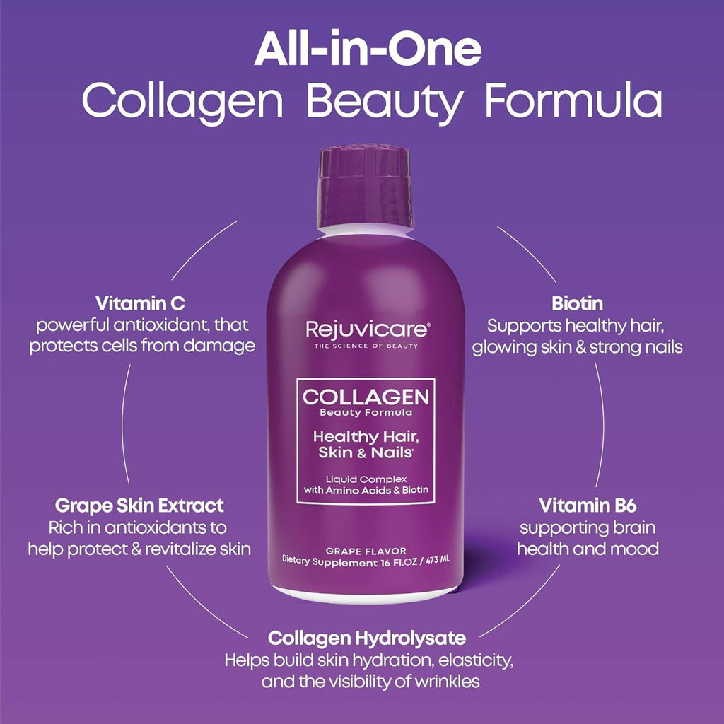 Rejuvicare Liquid Collagen Beauty Formula with Amino Acids, Protein and Biotin, Delicious Grape Flavor, Purple 16 Oz ,32 Servings