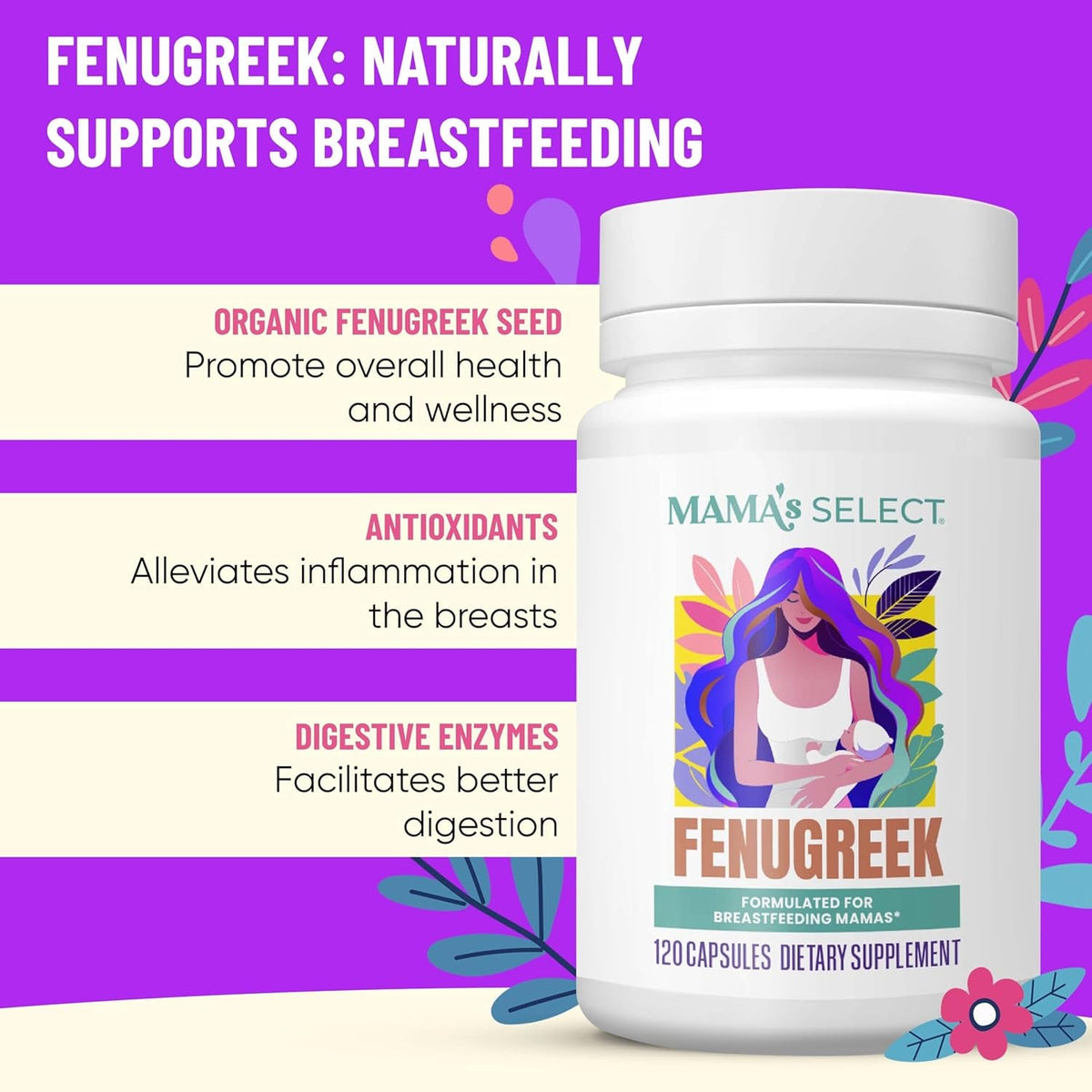 Mama'S Select Organic Fenugreek Capsules – Natural Herbal Lactation Supplement to Boost Milk Supply, Vegan Digestive Health Aid, Allergen-Free & Non-Gmo, Usa-Made for Breastfeeding Moms