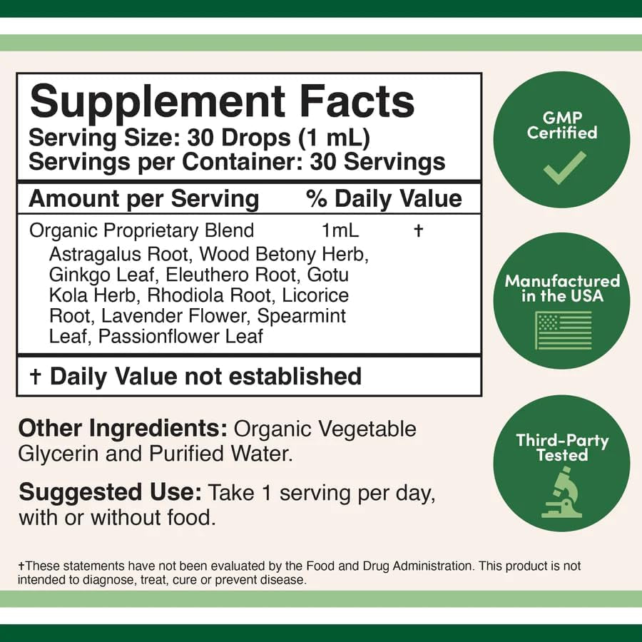 Adrenal Support Supplements (Liquid Drops) - 10 Organic Adaptogens for Adrenal Fatigue (One Month Supply) Cortisol Manager for Stress Relief (10 Apoptogenic Herbs for Adrenal Health) by Double Wood