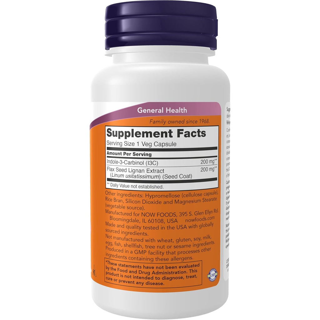 NOW Foods Supplements, Indole-3-Carbinol 200 Mg with Flax Lignan Extract, 60 Veg Capsules