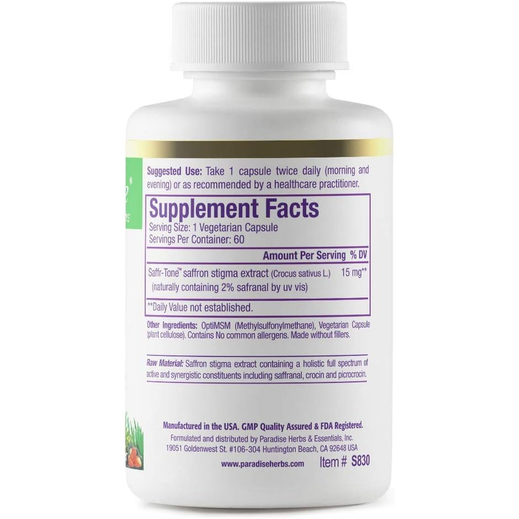 Paradise Herbs Saffr-Tone, Saffron Extract, Active Whole Spectrum Extract, Super Potent, Ultra Pure, Vegan, Non-Gmo, Gluten Free, 60 Vegetarian Capsules