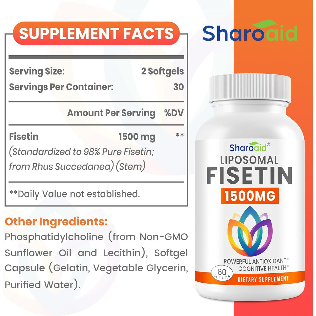 1500Mg Fisetin Supplements - Powerful Absorption with Liposomal Delivery,98% Pure Fisetin,Polyphenol Antioxidant for Healthy Aging,Non-Gmo - 1 Bottles, 60 Softgels for Adults