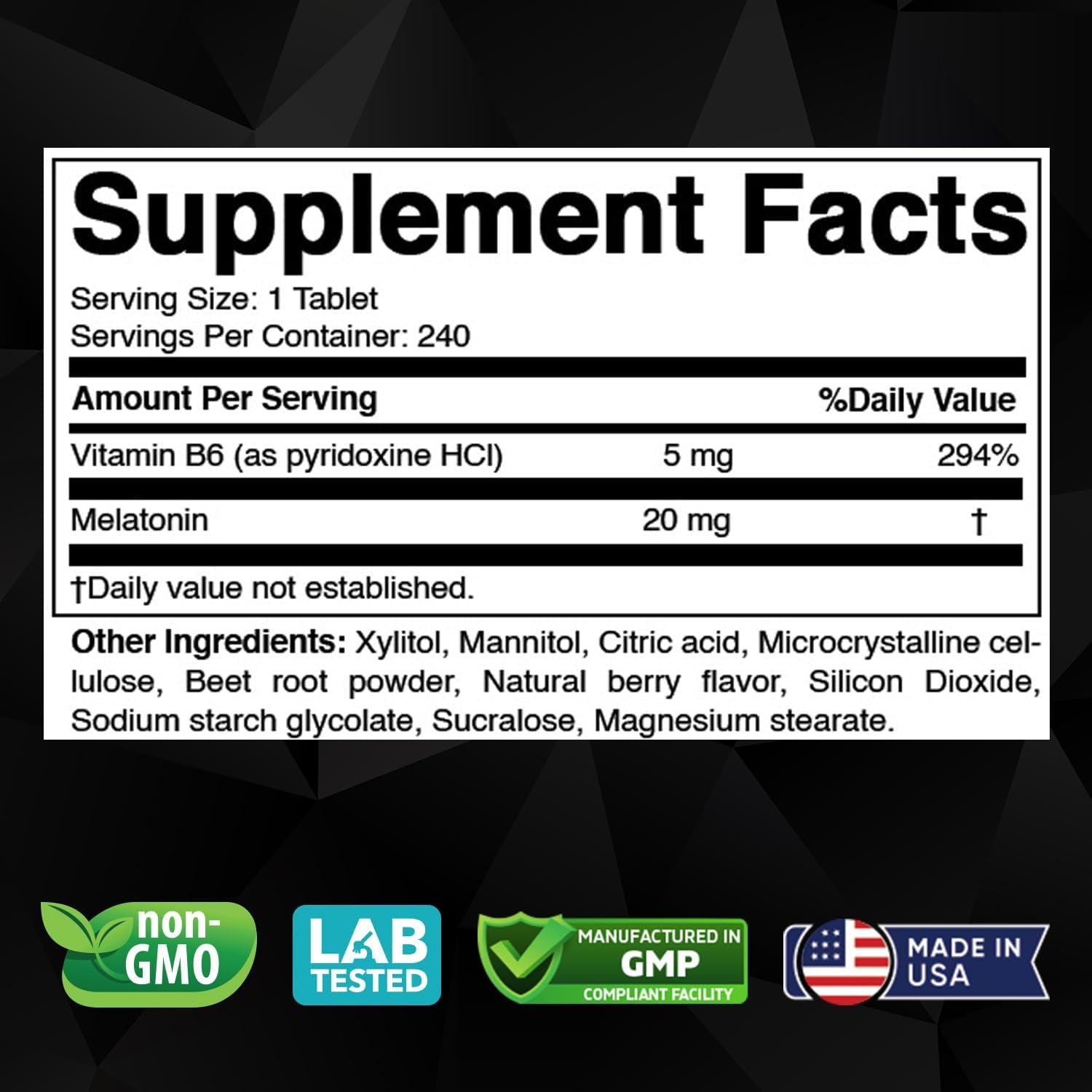 Vitabod Melatonin 20 Mg - 240 Fast Dissolve Tablets - Drug Free - Natural Berry Flavor - Vegetarian, Non-Gmo, Gluten Free 240 Count (Pack of 1) (240 Count (Pack of 1))