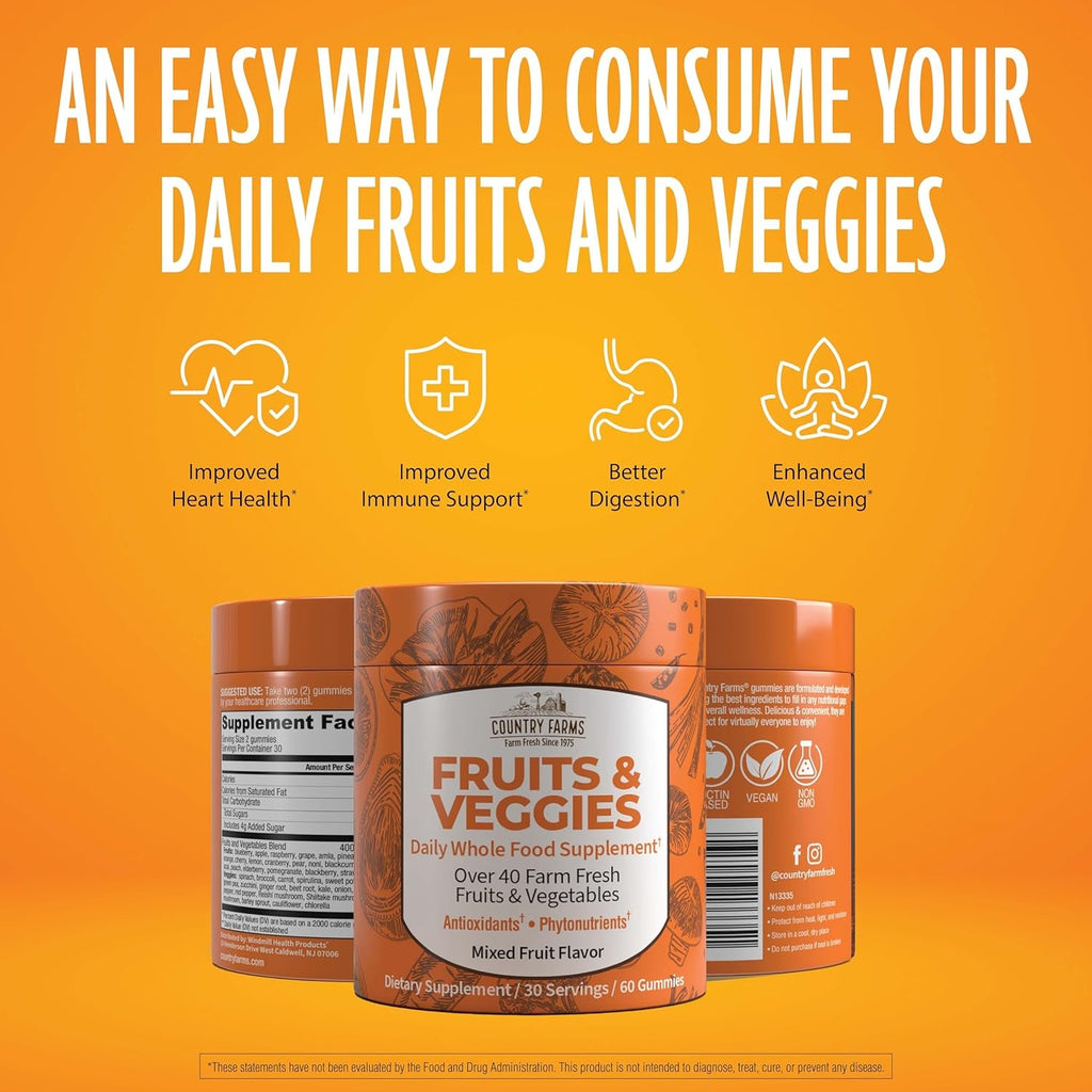 COUNTRY FARMS Fruits and Veggies Gummies, with over 40 Farm Fresh Fruits & Vegetables, Packed with Powerful Antioxidants, (Spirulina, Blueberry, Mushrooms), Daily Whole Food Supplement, Pectin Based,