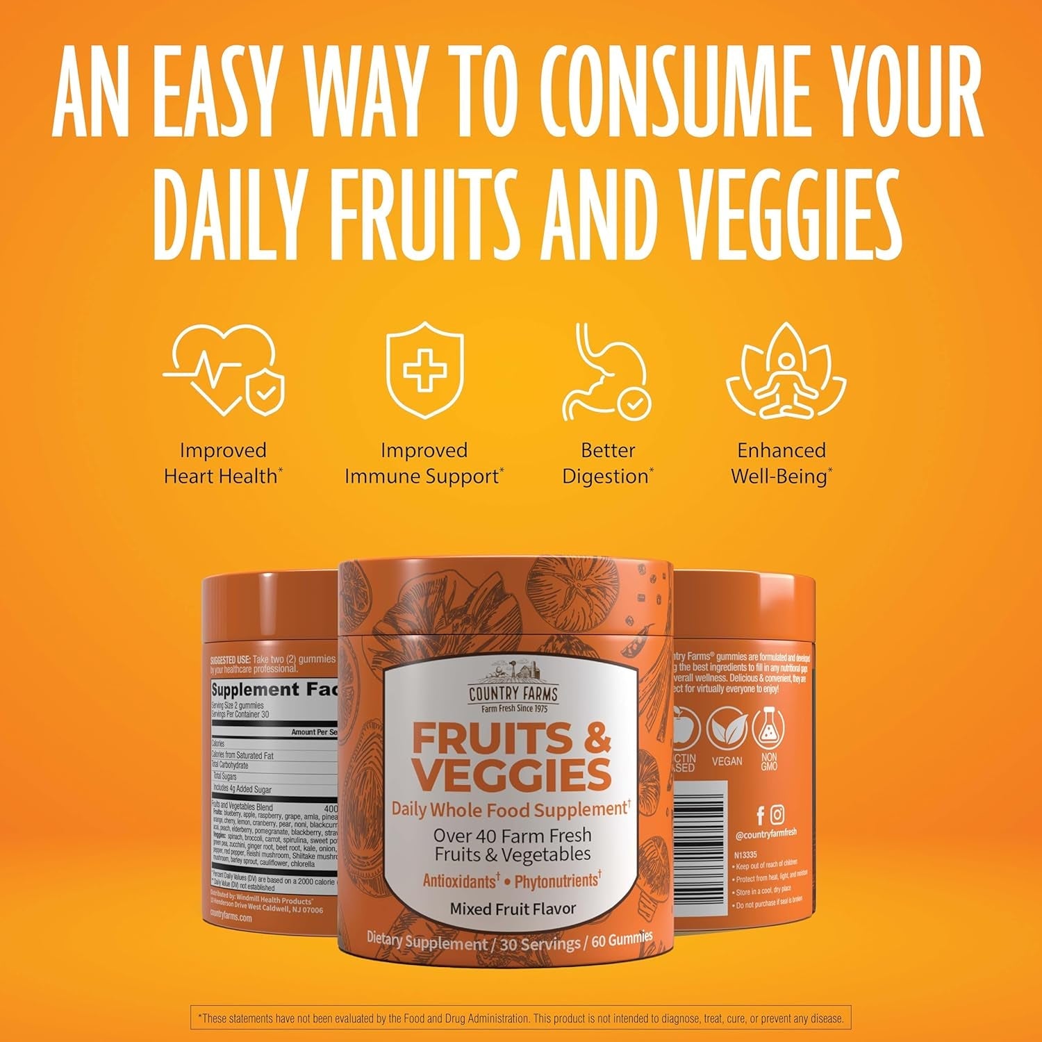 COUNTRY FARMS Fruits and Veggies Gummies, with over 40 Farm Fresh Fruits & Vegetables, Packed with Powerful Antioxidants, (Spirulina, Blueberry, Mushrooms), Daily Whole Food Supplement, Pectin Based,