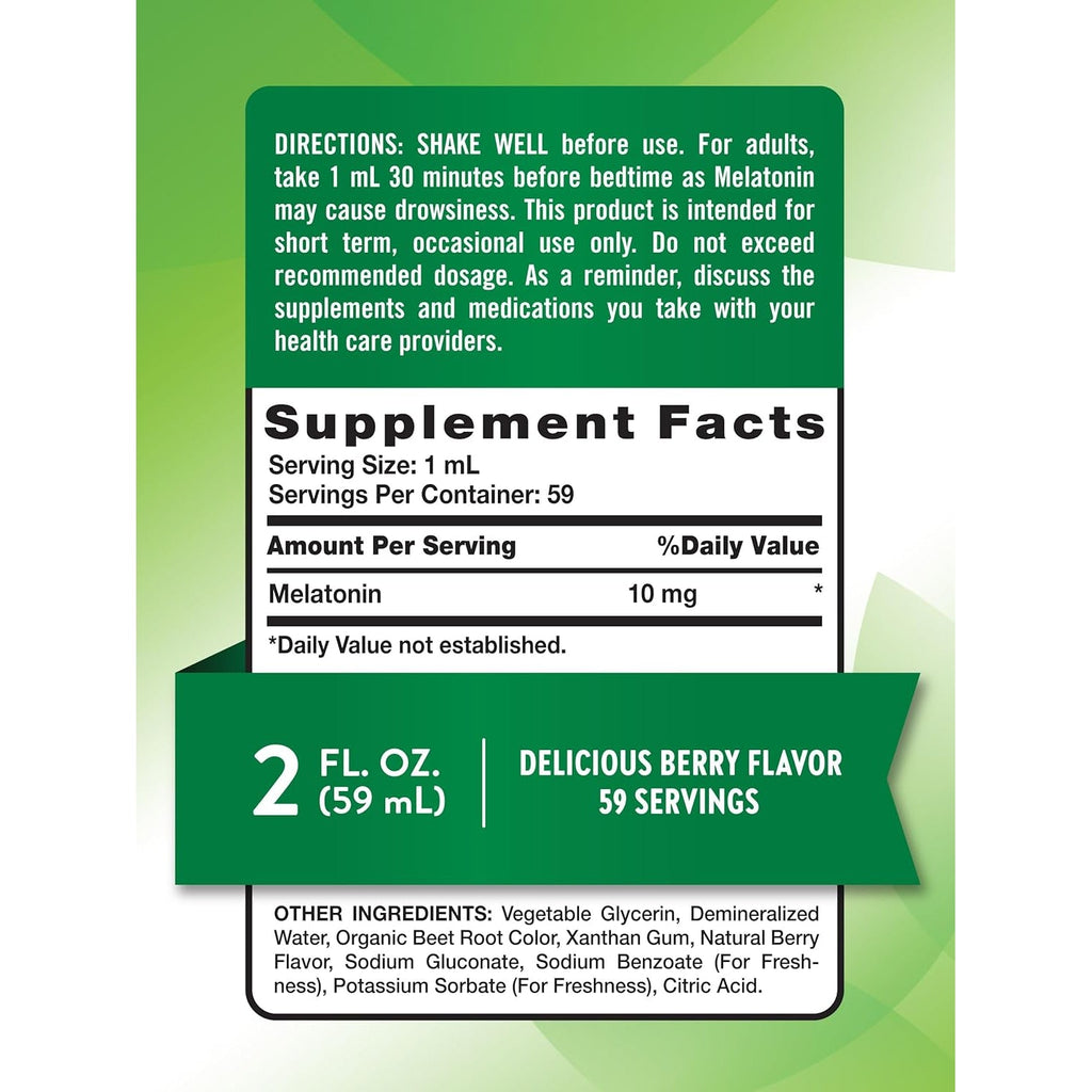 Nature'S Truth Melatonin Liquid | 10 Mg | 2 Fl Oz Maximum Strength for Adults | Berry Flavor | Vegan, Non-Gmo & Gluten Free Supplement