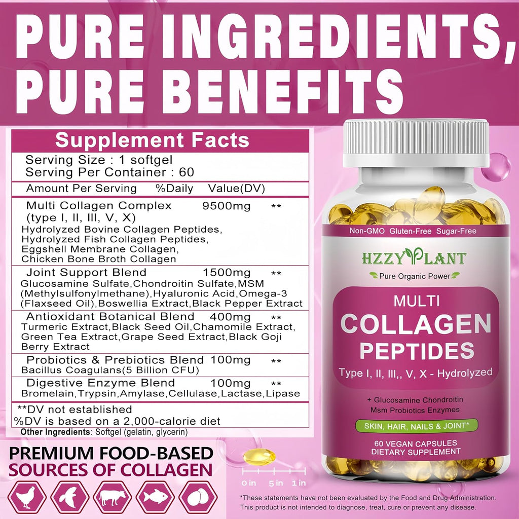 Multi Collagen Peptides Softgel - Type I, II, III, V, X - Hydrolyzed Collagen Peptides with Biotin Vitamin C Hyaluronic Acid for Women & Men, Supports Skin Hair Nail & Joint, Non-Gmo, 60 Servings
