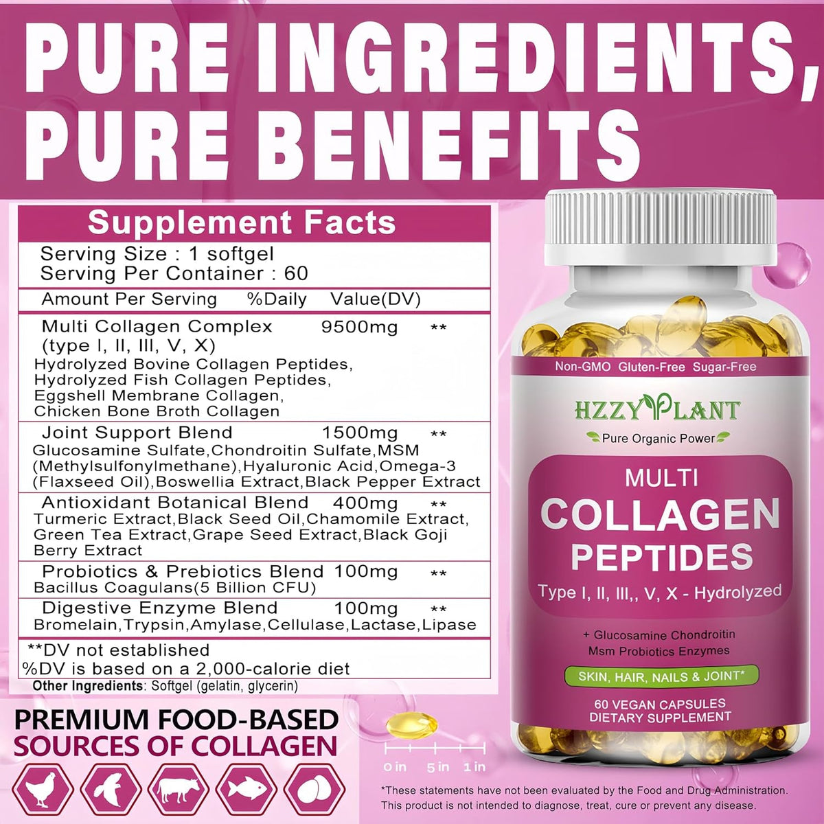 Multi Collagen Peptides Softgel - Type I, II, III, V, X - Hydrolyzed Collagen Peptides with Biotin Vitamin C Hyaluronic Acid for Women & Men, Supports Skin Hair Nail & Joint, Non-Gmo, 60 Servings