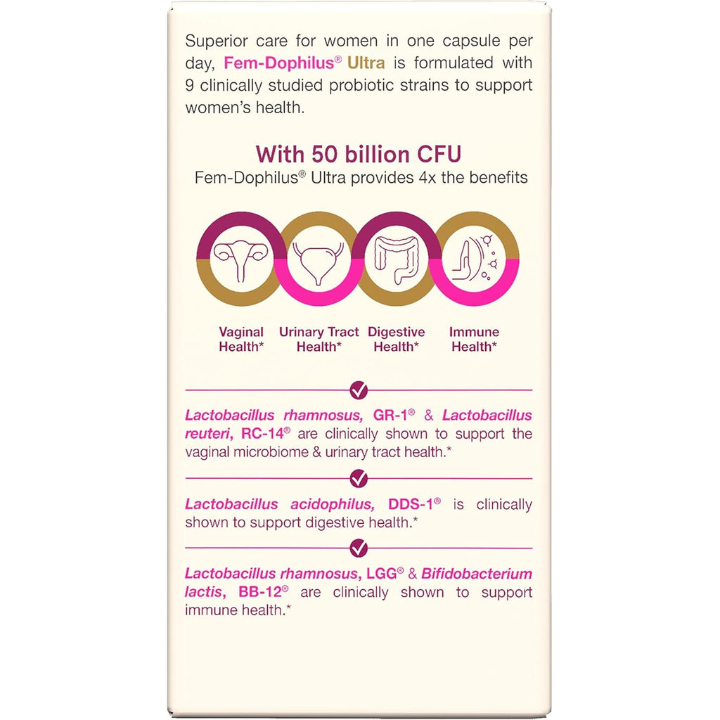 Jarrow Formulas Fem-Dophilus Vaginal & Digestive Probiotic 50 Billion CFU, 9 Clinically-Studied Strains, for Vaginal Flora & Yeast Balance, Urinary Tract, Digestive, & Immune Support, 30 Capsules