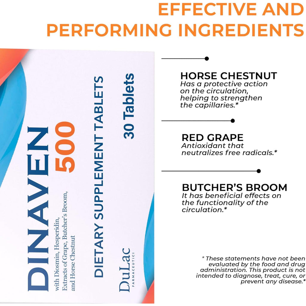 Dulac Dinaven 500, Micronized Diosmin Hesperidin Dietary Supplement 1000Mg per Serving, Horse Chestnut Extract, Butcher’S Broom & Red Grape Extract, Leg Circulation Support, 30 Tablets, Made in Italy
