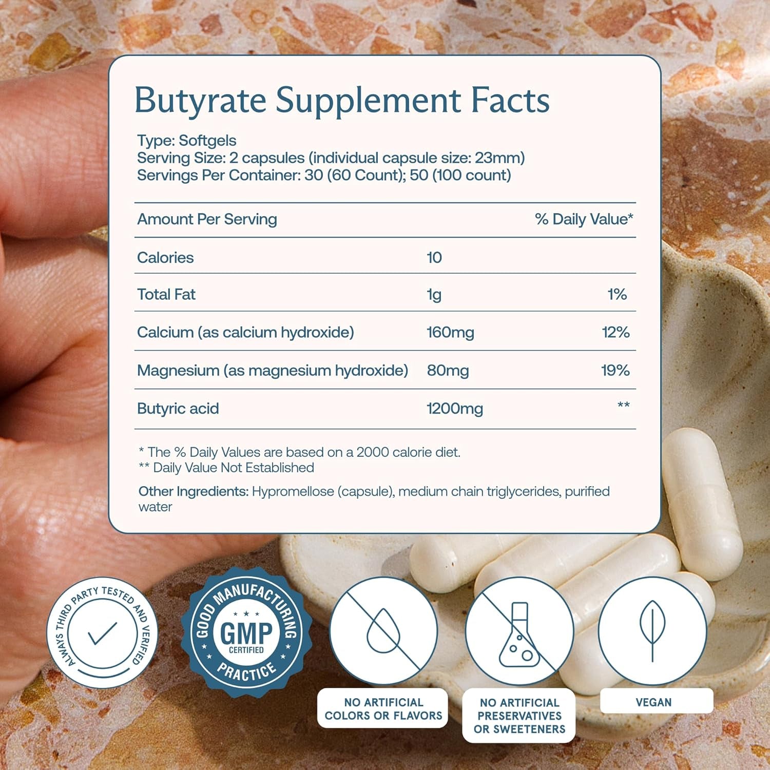 Bodybio Butyrate - Postbiotic for Gut Health, Digestive Support, Bloat, Gas & Constipation Relief, Leaky Gut Repair - Calcium, Magnesium + Butyric Acid Supplement for GI Wellness - 100 Capsules