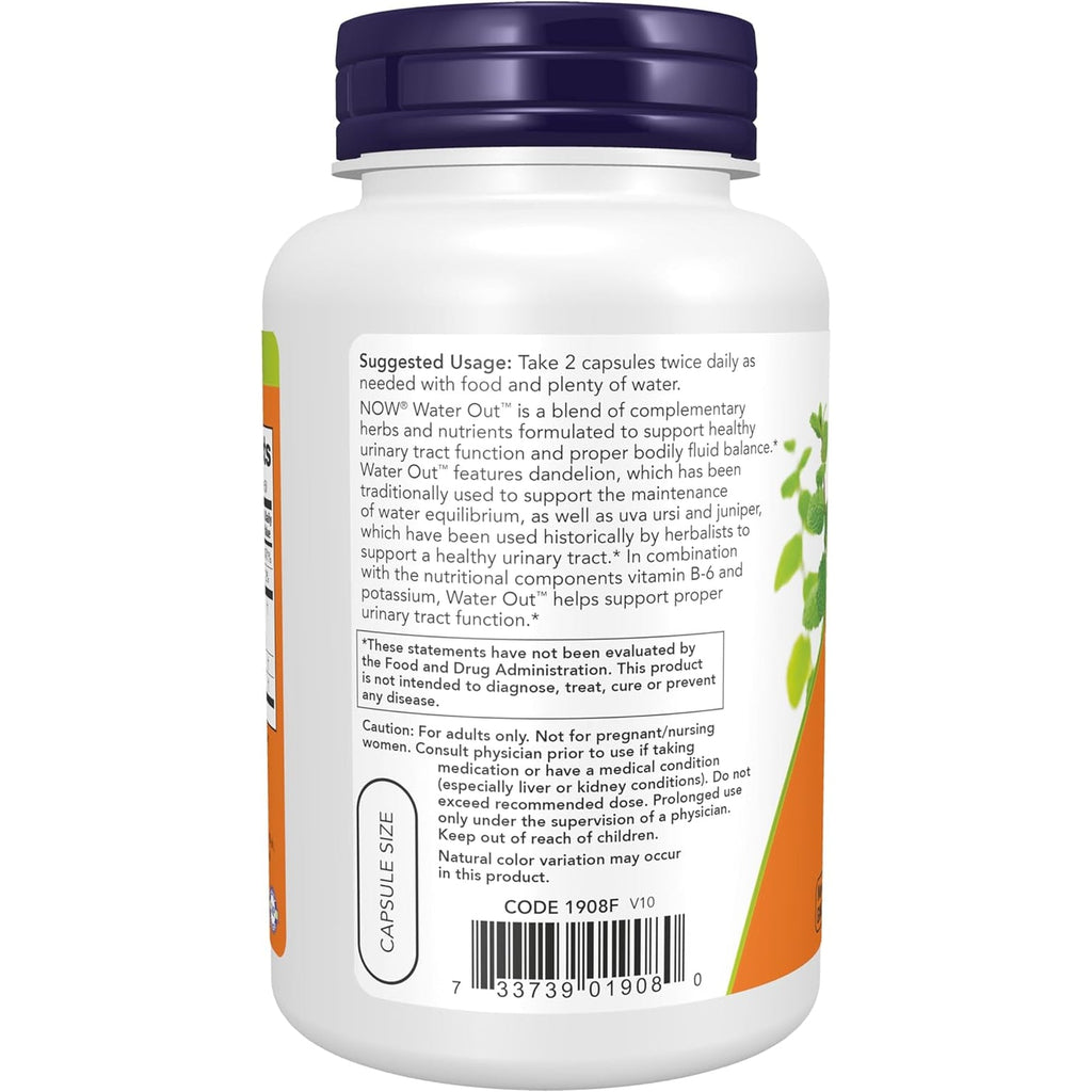 NOW Foods Supplements, Water Out with Standardized Uva Ursi, Dandelion, Potassium and Vitamin B-6, 100 Veg Capsules