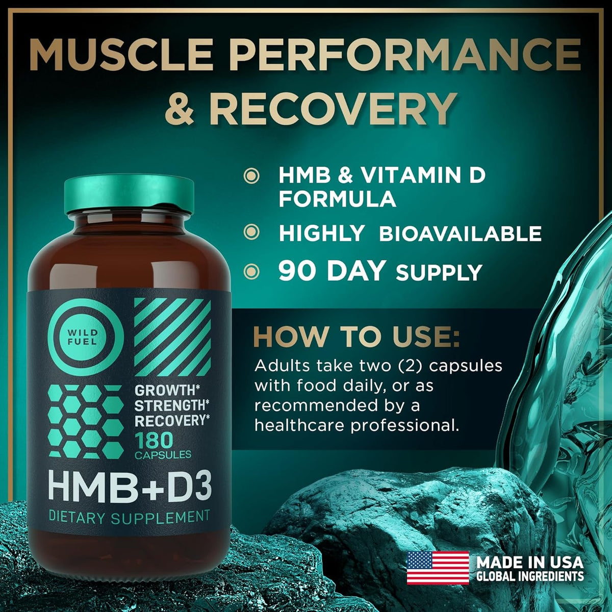 WILD FUEL 3,000Mg HMB Supplement plus Vitamin D3 - Muscle Growth, Strength, Fast Workout Recovery HMB Supplements for Men and Women - Calcium Beta-Hydroxy Beta-Methylbutyrate - 180 Capsules