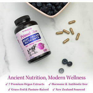 Beef Organ Supplement for Women | Grass-Fed, Pasture-Raised New Zealand Bovine | 7 Organ Extracts with Liver, Heart, Kidney, Bone Marrow & More Energy, Digestion & Skin Support Primal Glow 30 Servings