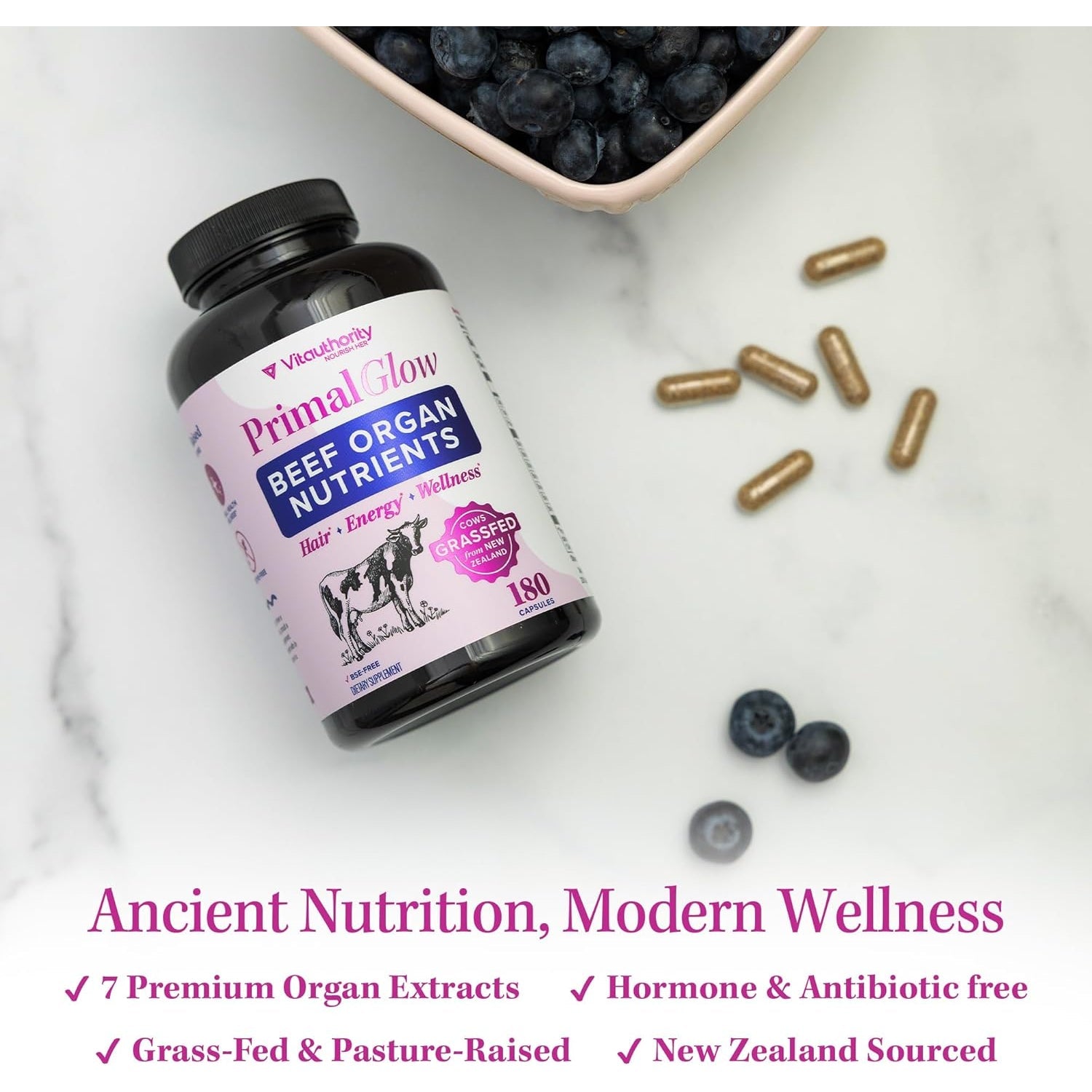 Beef Organ Supplement for Women | Grass-Fed, Pasture-Raised New Zealand Bovine | 7 Organ Extracts with Liver, Heart, Kidney, Bone Marrow & More Energy, Digestion & Skin Support Primal Glow 30 Servings