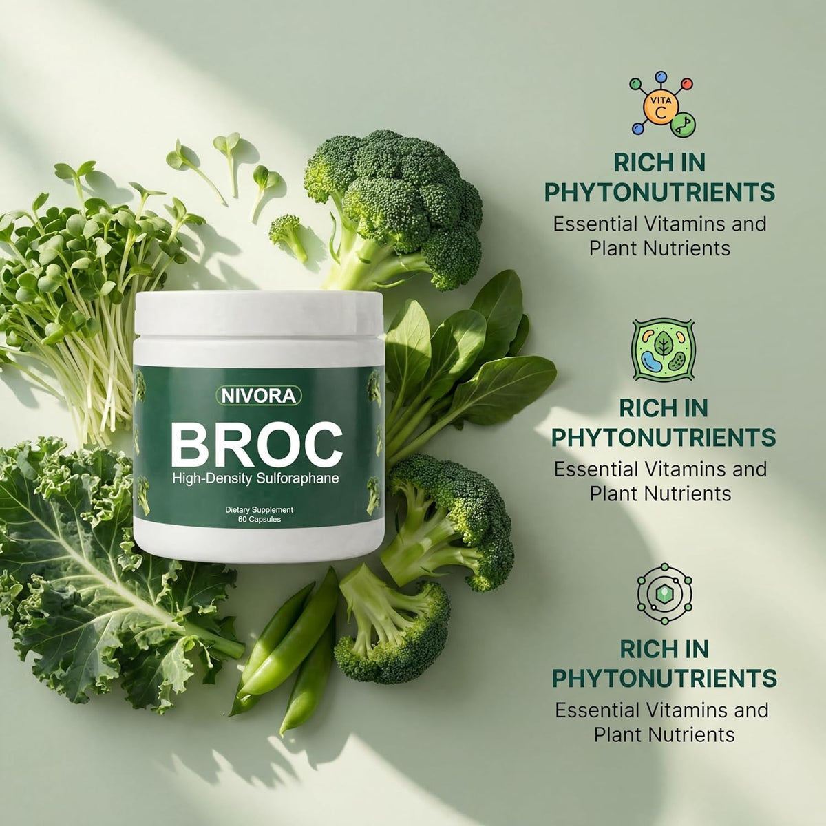 Nivora Broc High-Density Sulforaphane Supplement from Broccoli Sprouts – Immunity Support | Plant-Based Antioxidant Supplement | Supports Cellular Wellness & Overall Vitality