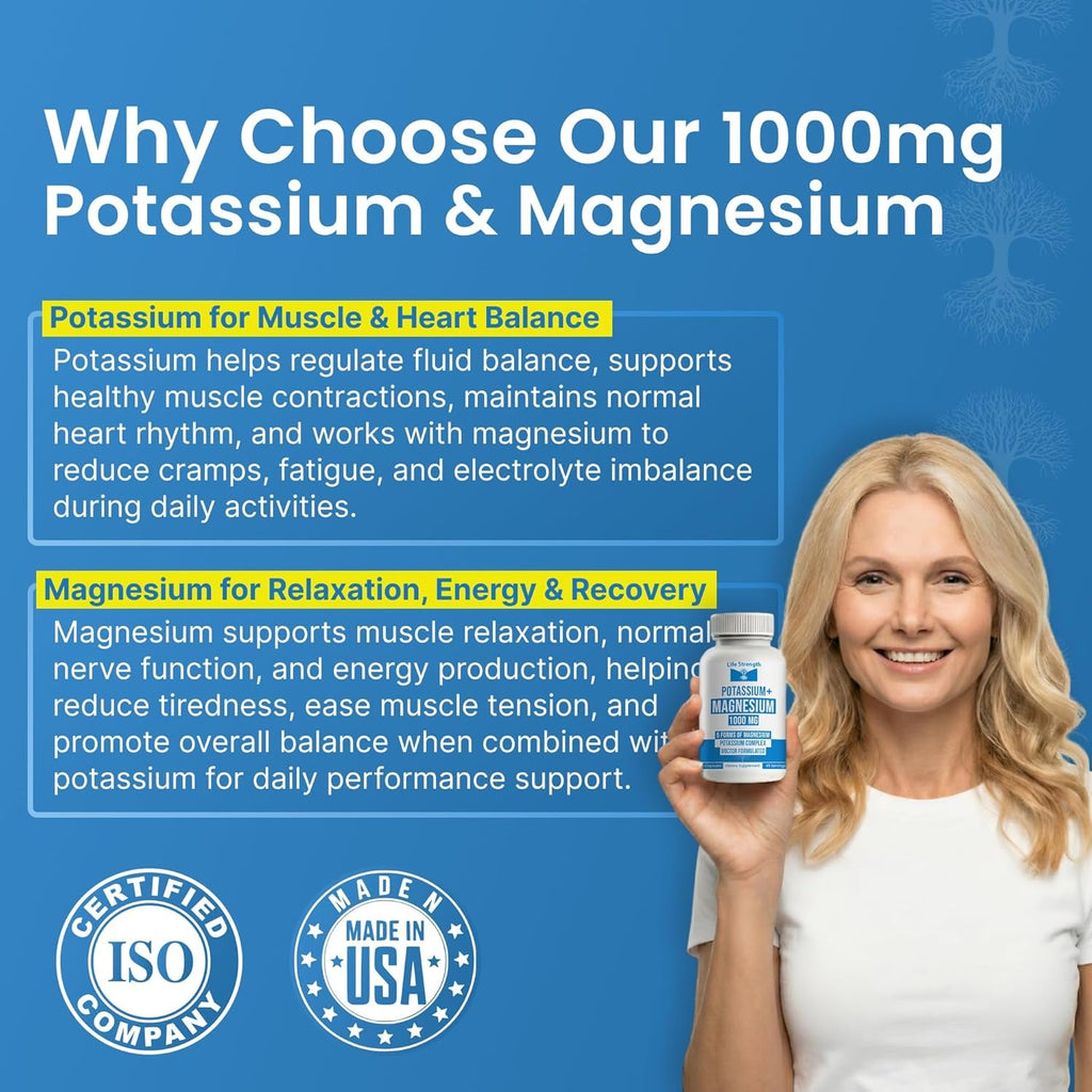 Life Strength, Potassium Magnesium Supplement 1000Mg - 90 Capsules – Potassium & Magnesium Complex with Aspartate, Glycinate, Oxide, Gluconate & Citrate – Muscle, Leg & Electrolyte Support