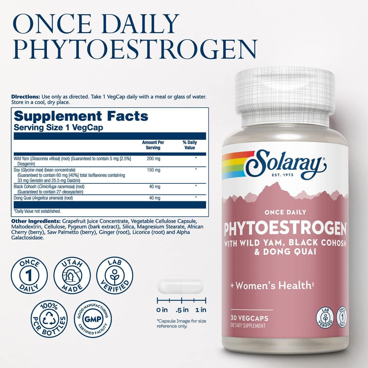 SOLARAY Once Daily Phytoestrogen - Phyto Estrogen Supplement for Women with Black Cohosh, Dong Quai, Wild Yam, Soy Isoflavones - Women'S Health Support - 60-Day Guarantee, 30 Servings, 30 Vegcaps