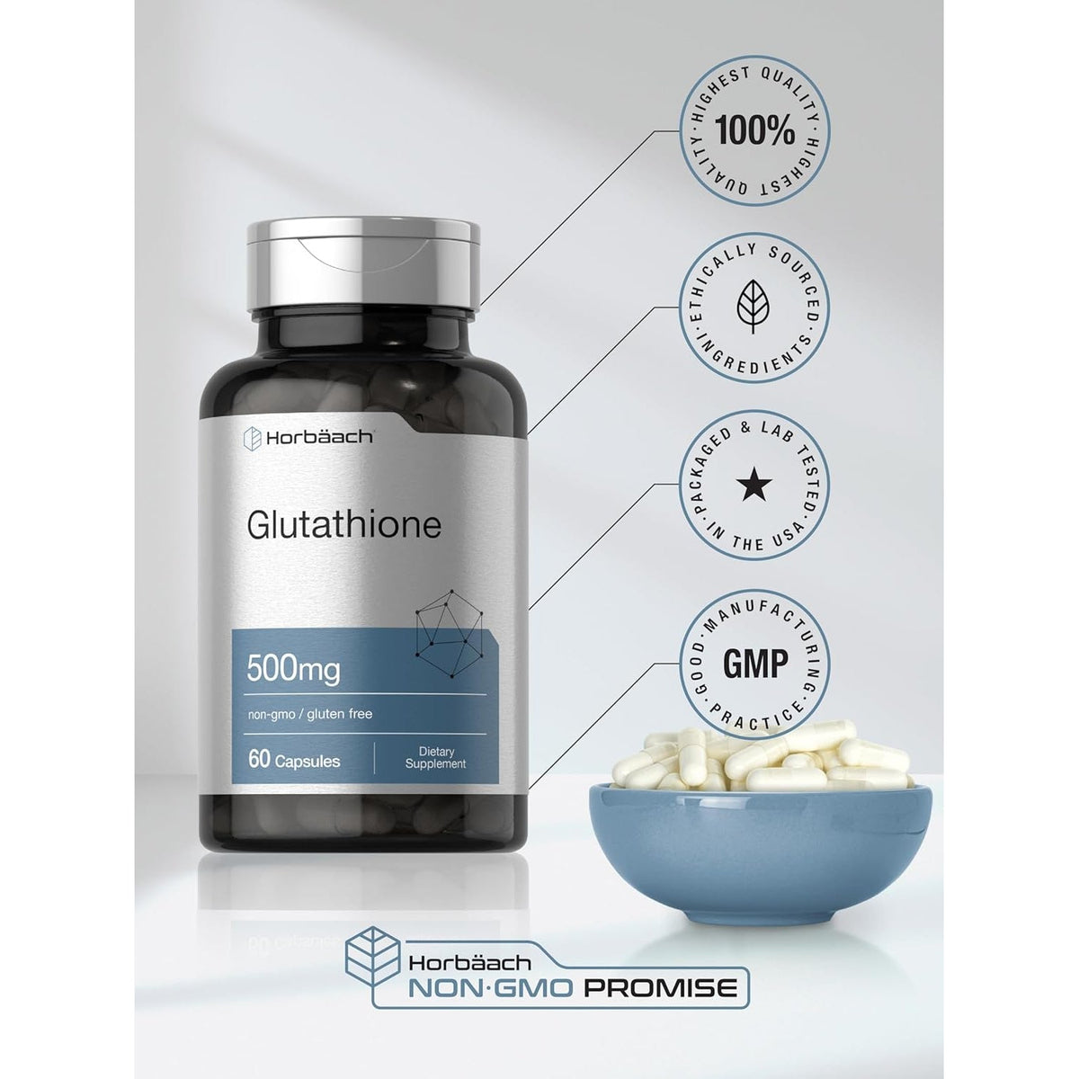 Horbäach Glutathione 500Mg | 60 Capsules | Reduced Form | Non-Gmo & Gluten Free Supplement