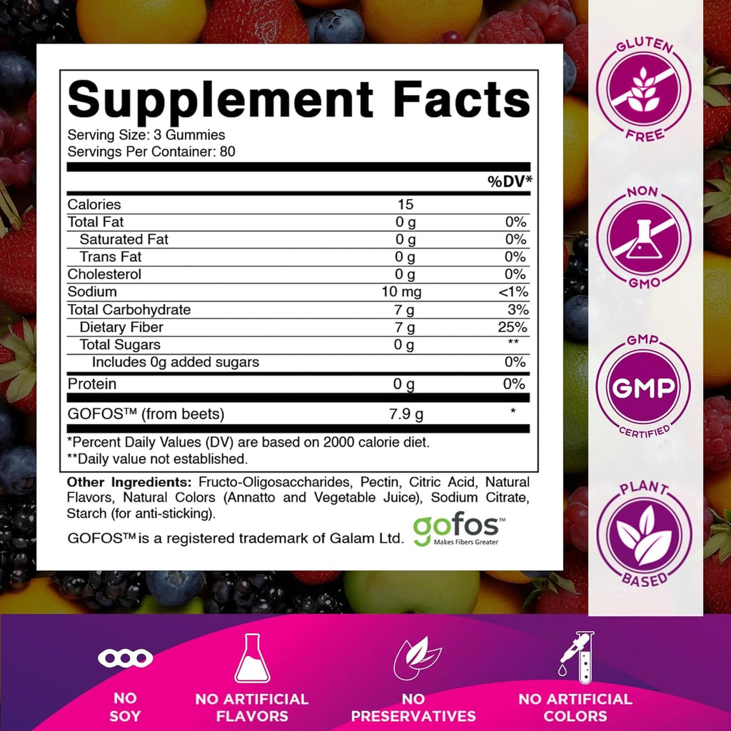 Vitamatic Prebiotic Fiber Gummies for Adults, 7G Extra Strength, Zero Sugar Added, 240 Pectin Based Gummies, Digestive Health & Regularity Support