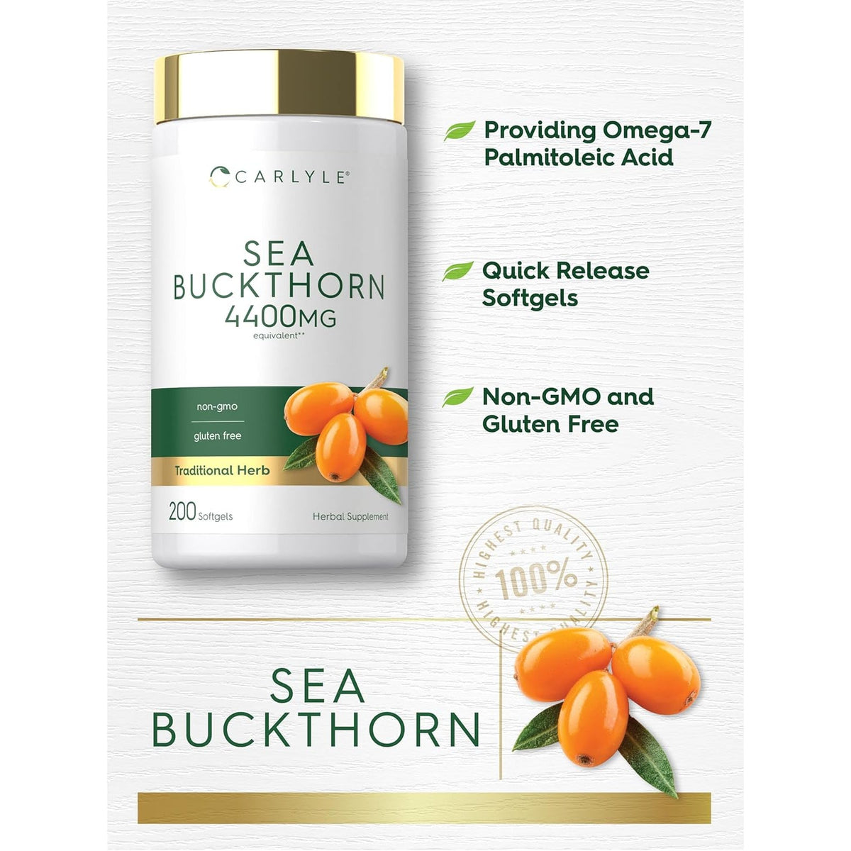 Carlyle Sea Buckthorn Oil Capsules | 200 Softgels | Non-Gmo, Gluten Free | Sea Buckthorn Berry Oil Supplement