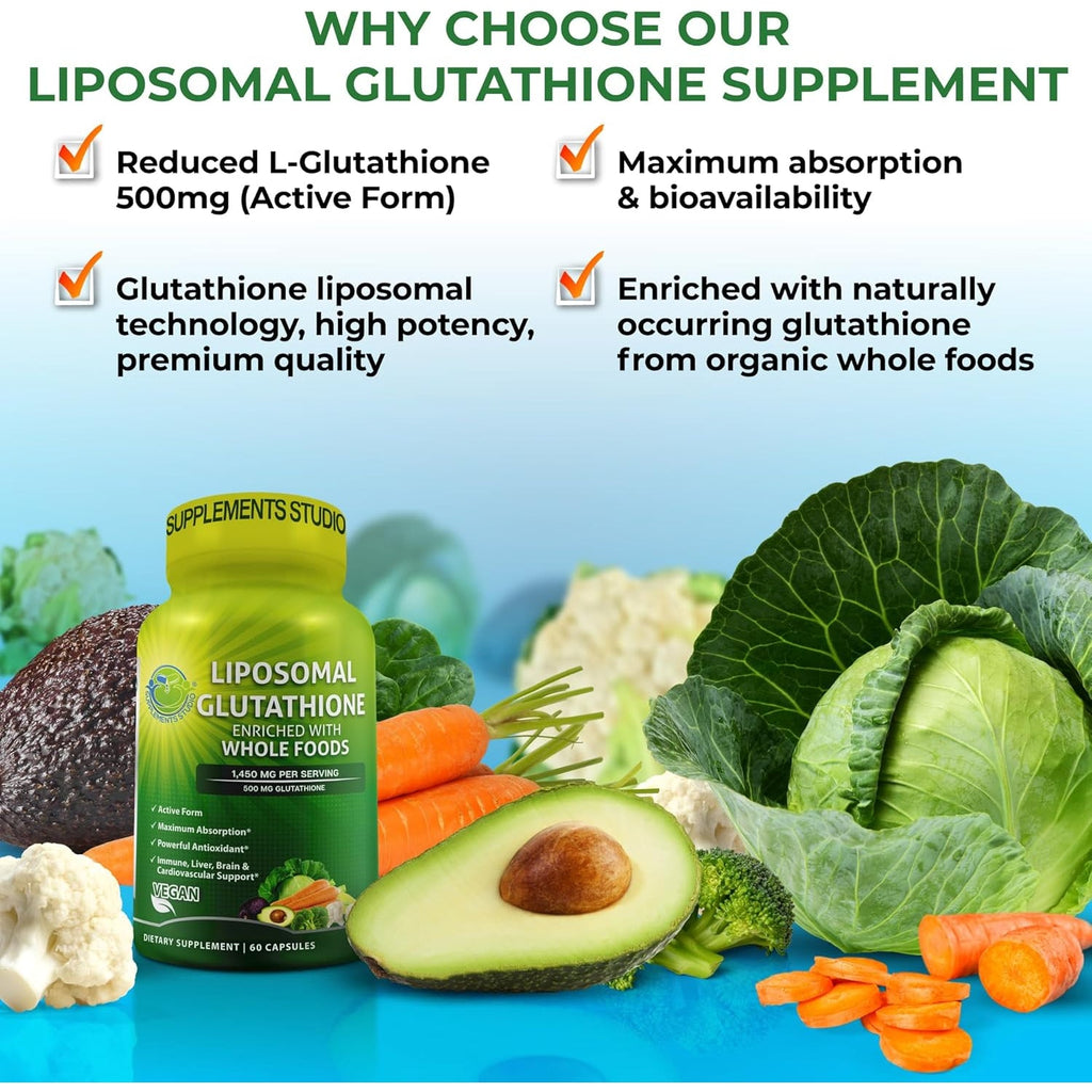 Liposomal Glutathione 500Mg - Active Form L Glutathione (Reduced) for Maximum Absorption - Made with Organic Whole Foods - Master Antioxidant & Detoxifier - Immune & Cardiovascular Support - 60 Count